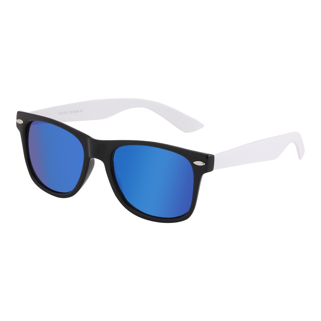 Sort wayfarer solbrille med hvide stænger og multiglas