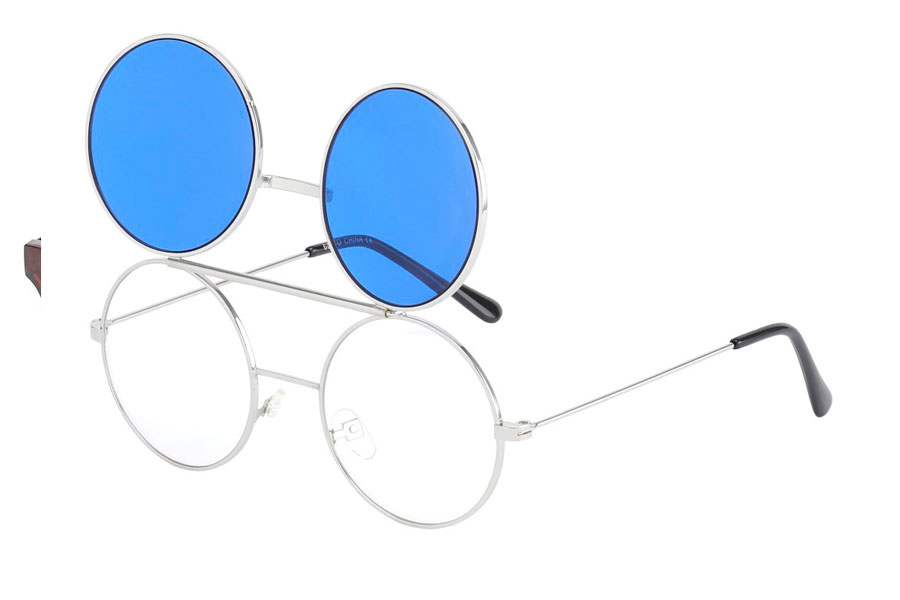Sølvfarvet brille med flip-up solbrille med blå glas.  - sunlooper.dk - billede 2