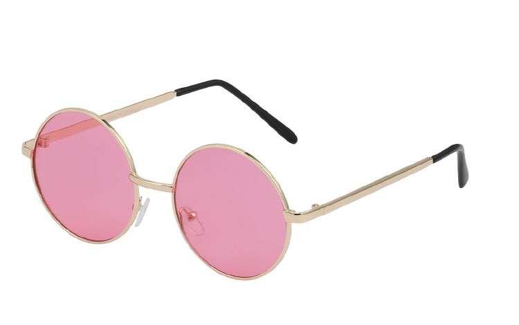 Metal solbrille i rundt design med lyserøde glas