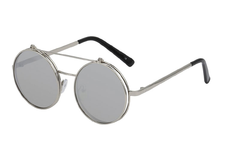 Sølvfarvet brille med spejl flip up solbrille