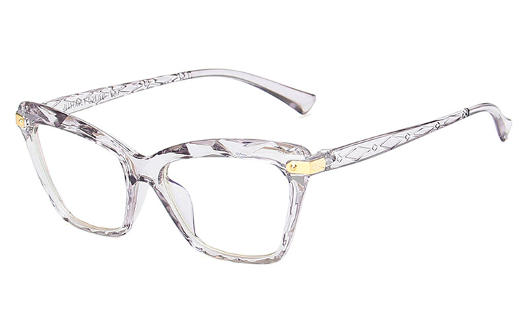 GrÃ¥ transparent cat-eye brille i mÃ¸nstret og indgraveret glas.