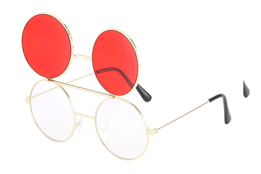 Guldfarvet brille med flip-up solbrille med røde glas.  - sunlooper.dk - billede 2