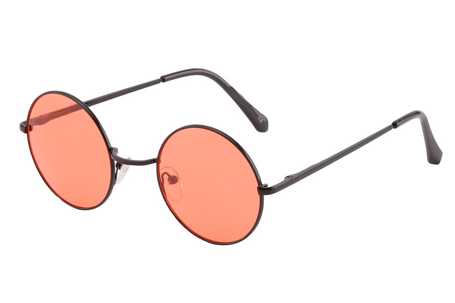 Rund lennon brille i sort metalstel med koralrøde linser. 