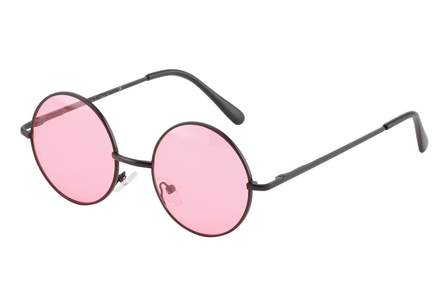 Rund lennon brille i sort metalstel med lyserøde linser. 
