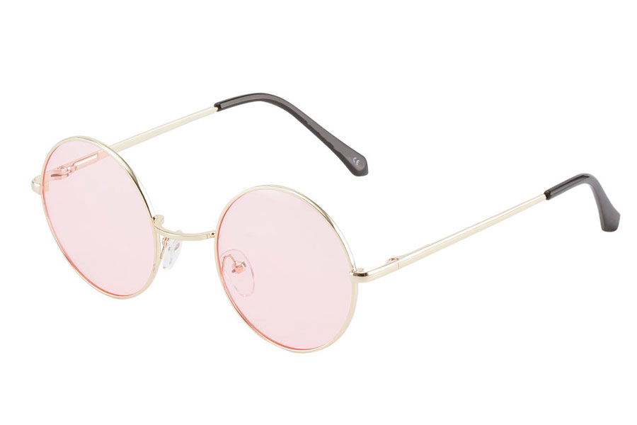 Rund lennon brille i guldfarvet metalstel med lyse lyserøde linser. 