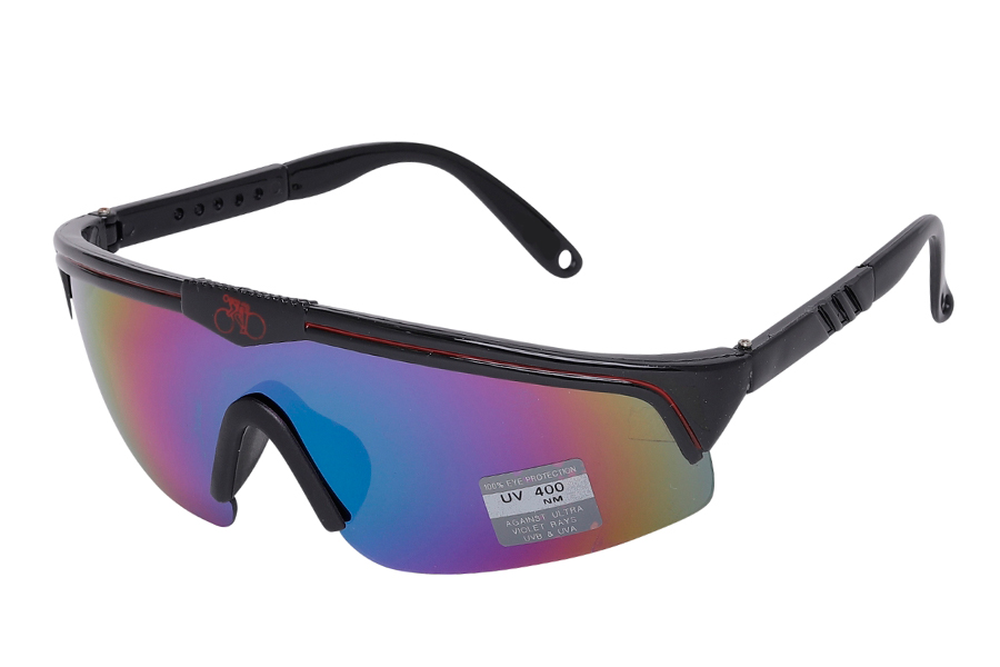 Cykelbrille i retro design med rÃ¸d stribe Ã¸verst og cykellogo