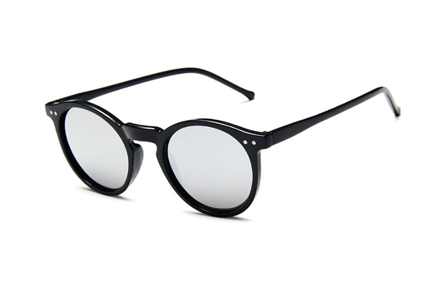 Rund solbrille i blank sort stel med spejlglas i sølvfarvet