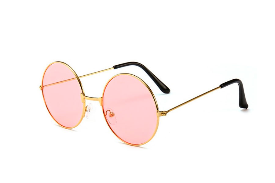 Rund guldfarvet lennon solbrille med lyserøde linser