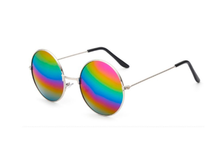 Rund metal solbrille i sølvfarvet stel med regnbue / multifarvet spejlglas