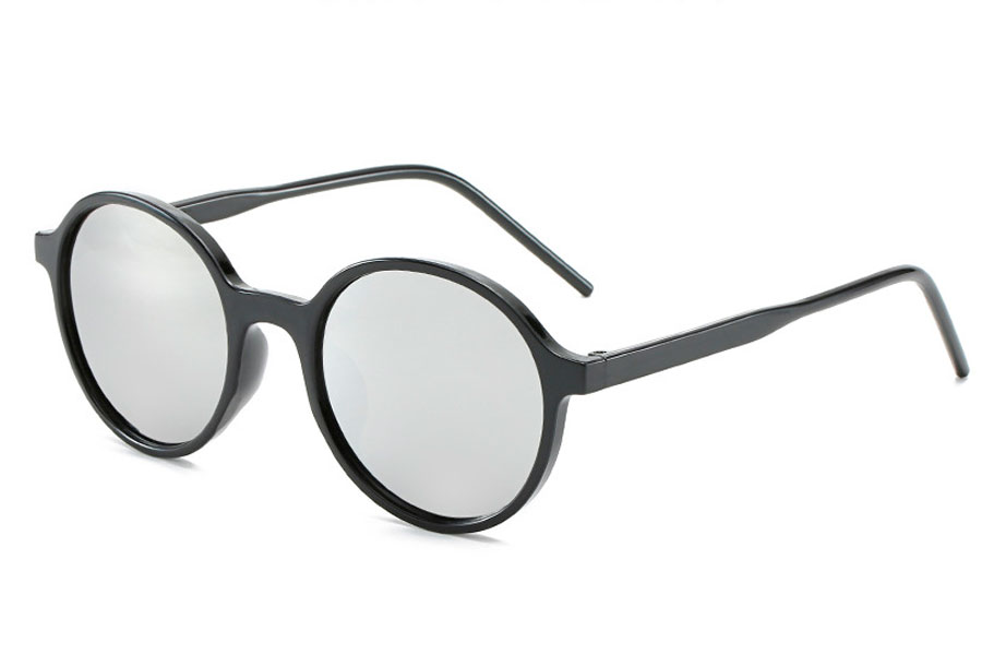 Rund solbrille i blank sort med spejlglas