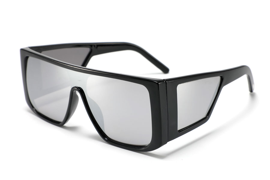 Oversize solbrille med sideglas og sølvfarvet spejlglas
