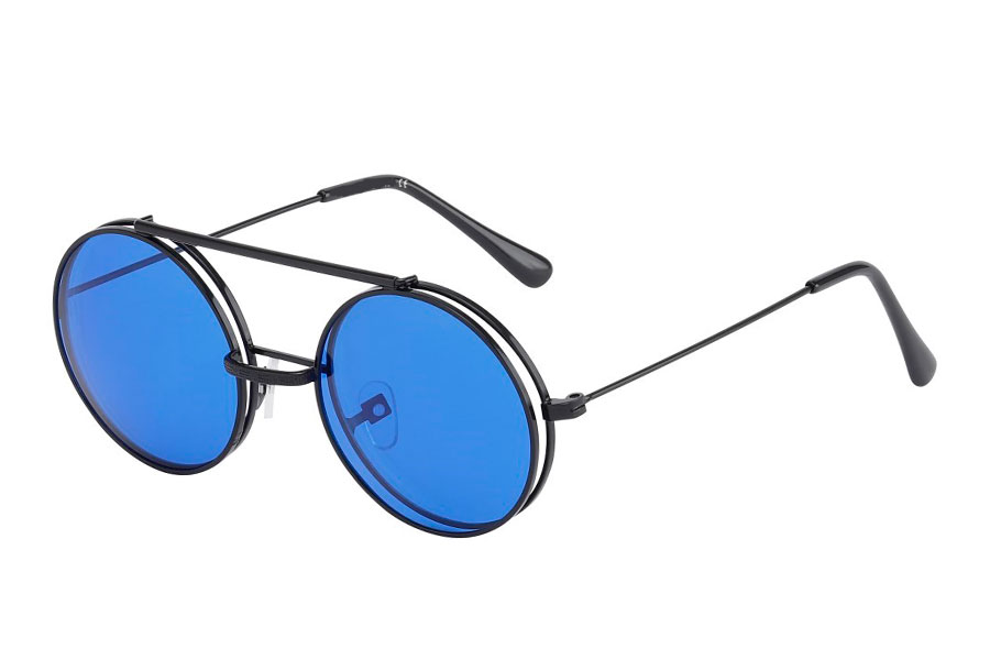 Brille i sort metal stel med flip-up solbrille i blå glas. - Design nr. s3720