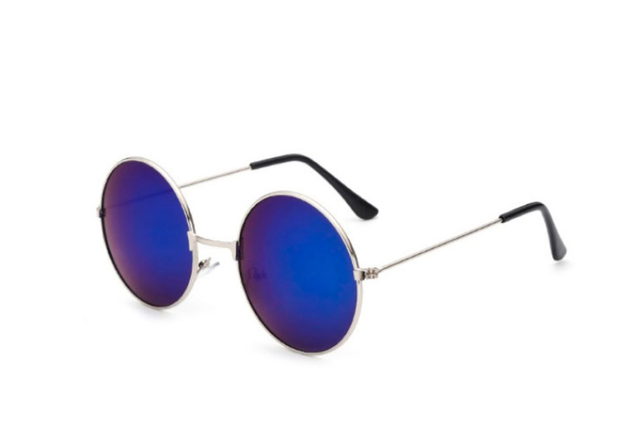 Rund solbrille i sølvfarvet metal stel med spejlglas i lilla-blå nuancer. - Design nr. s4189