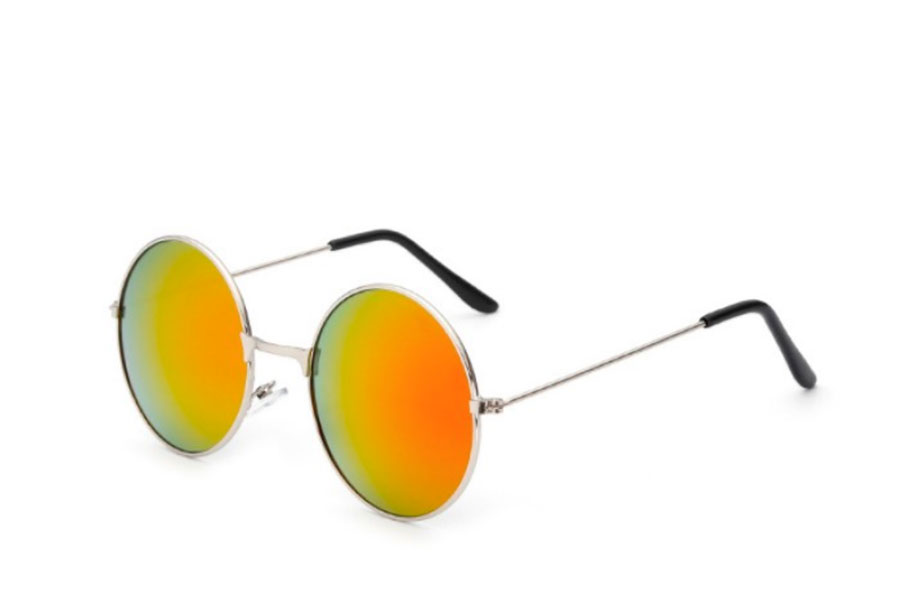 Rund solbrille i sølvfarvet metal stel med spejlglas i orange-gule nuancer - Design nr. s4193